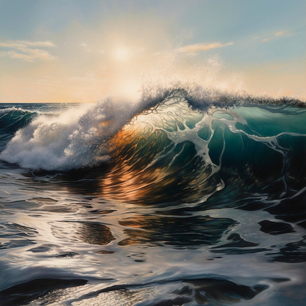 A painting of a wave with the sun shining on it