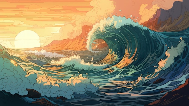 A painting of a wave with a sunset in the background.