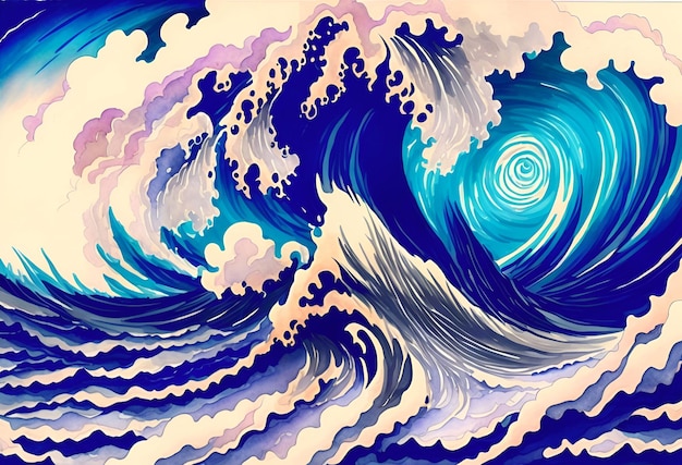 A painting of a wave with the words " ocean " on the bottom.