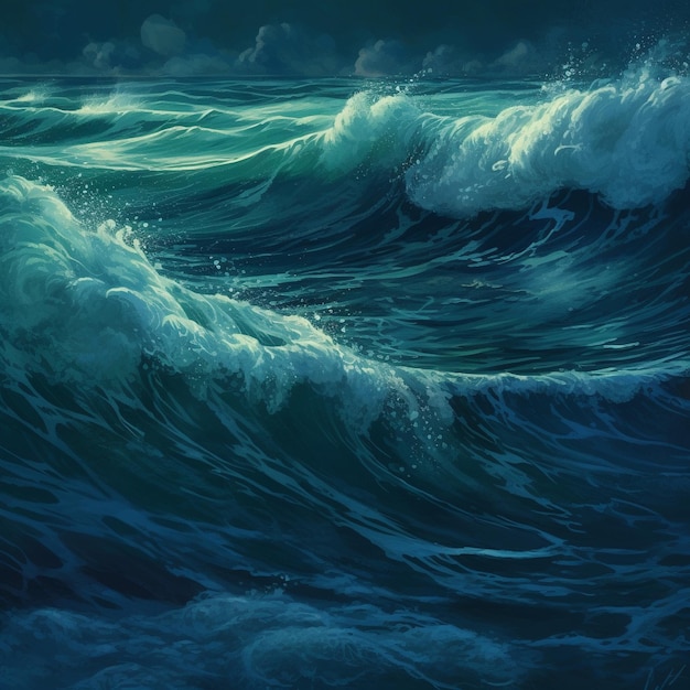 a painting of a wave with the words " the sea " on the bottom.