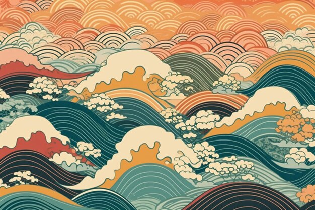 A painting of a wave with the words " the sea " on it.