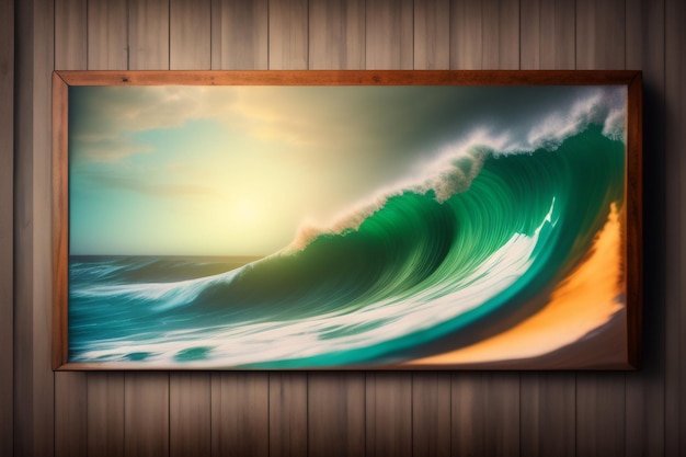 Photo a painting of a wave on a wooden wall