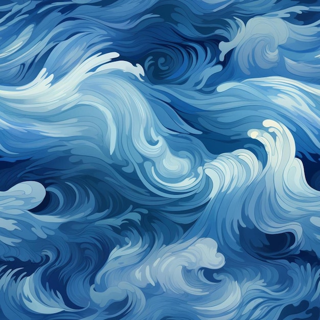 A painting of waves that is blue and white.