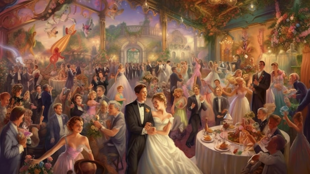 Painting of a wedding party in a palace with a bride and groom generative ai