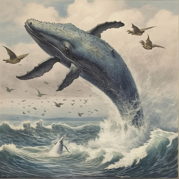 A painting of a whale and birds on a cloudy day