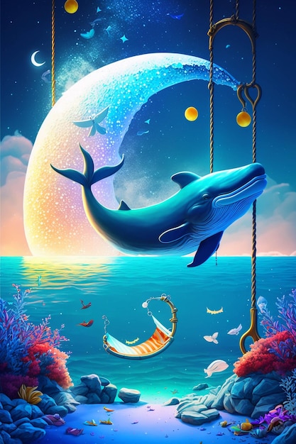 Painting of a whale and a fish in the ocean generative ai