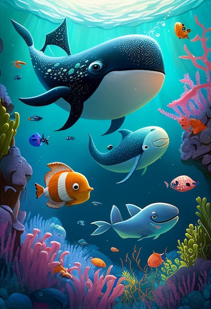 A painting of a whale and fish