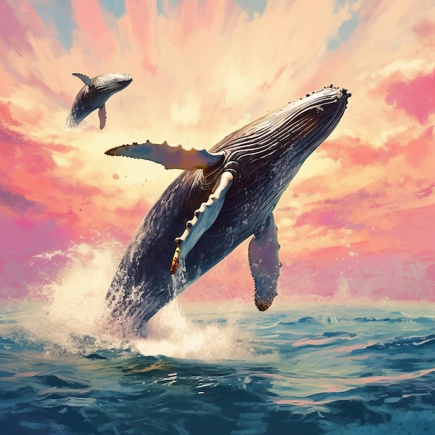 A painting of a whale jumping out of the water
