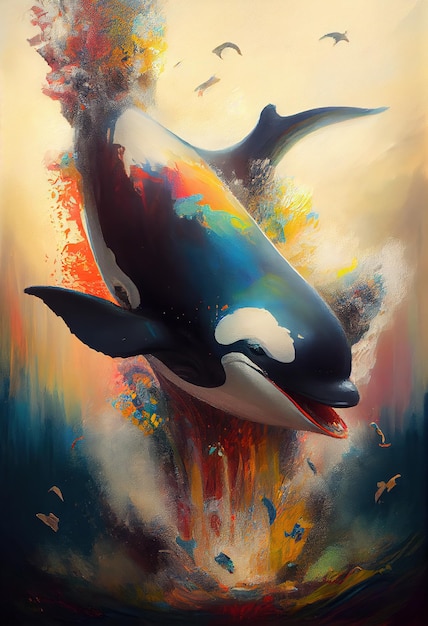 青と黒で描かれたクジラの絵