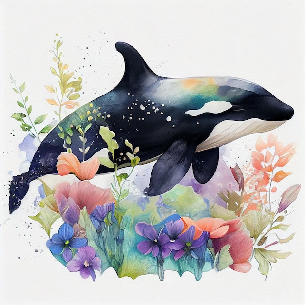 A painting of a whale that is in the water