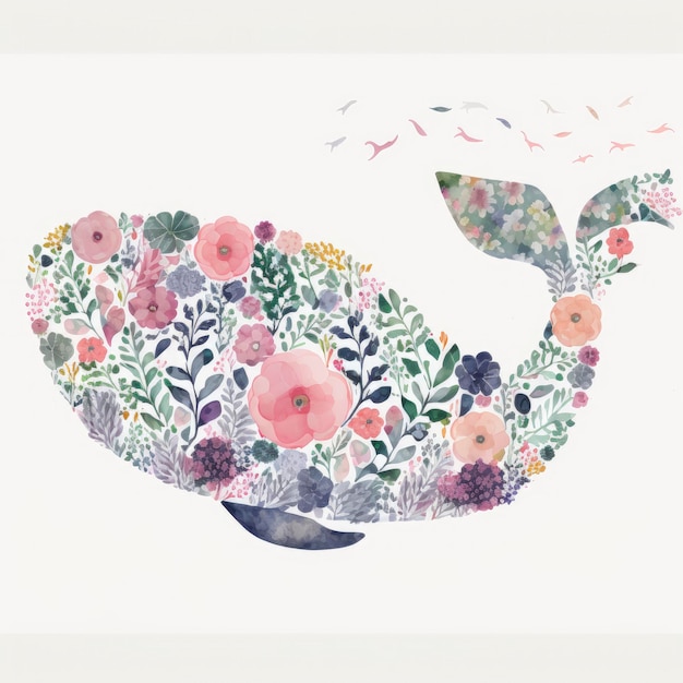 Photo a painting of a whale with flowers and leaves