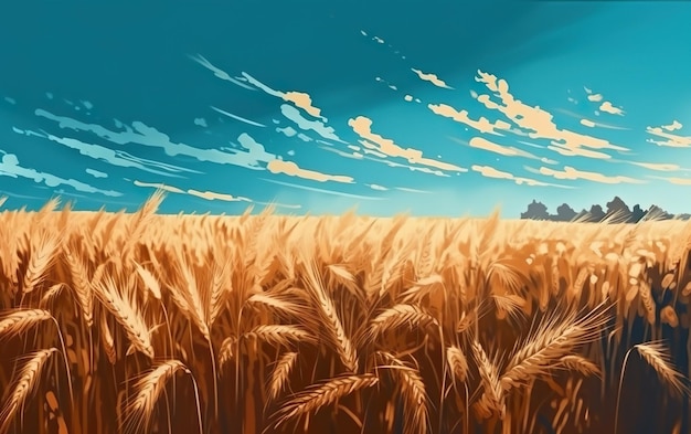 A painting of a wheat field with a blue sky and a tree in the background.