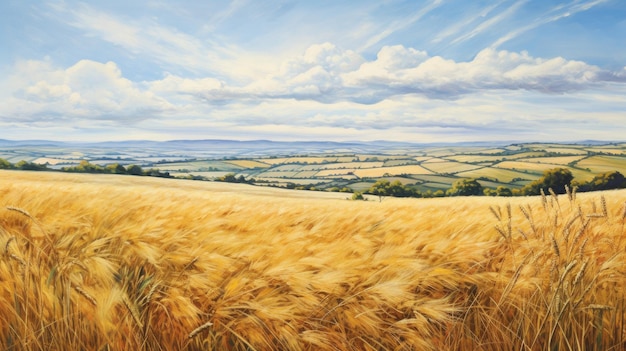 A painting of a wheat field with a view of the countryside in the background.