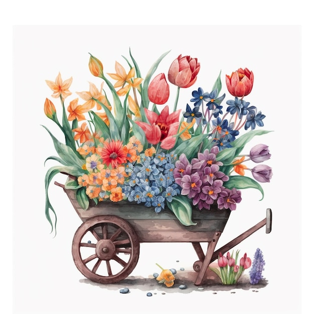 A painting of a wheelbarrow with flowers.