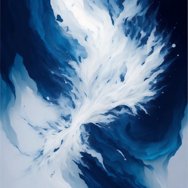 A painting of a white angel with blue feathers.