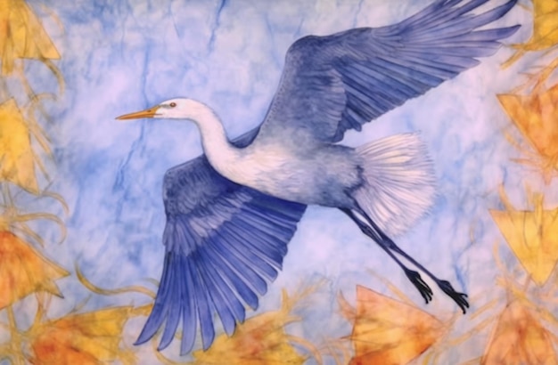 Картина белой птицы, летящей над полем желтых листьев