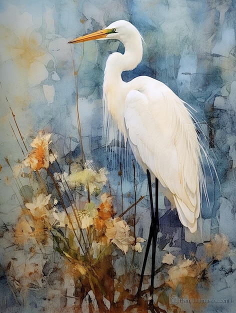 painting of a white bird standing on a rock with flowers generative ai