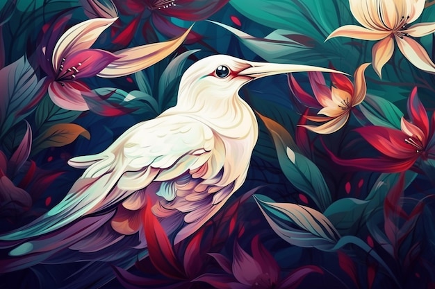 A painting of a white bird with a purple background and green leaves.