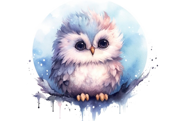A painting of a white and blue owl with yellow eyes