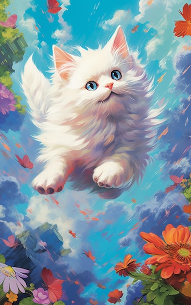 Painting of a white cat flying through the air with flowers generative ai