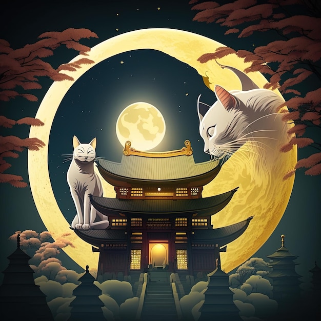 A painting of a white cat and a moon