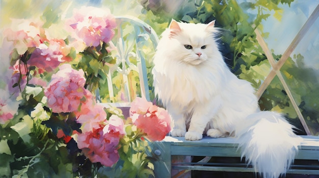 Картина белой кошки, сидящей на стуле перед кустом цветов