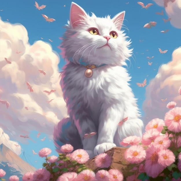 painting of a white cat sitting on a rock with pink flowers generative ai