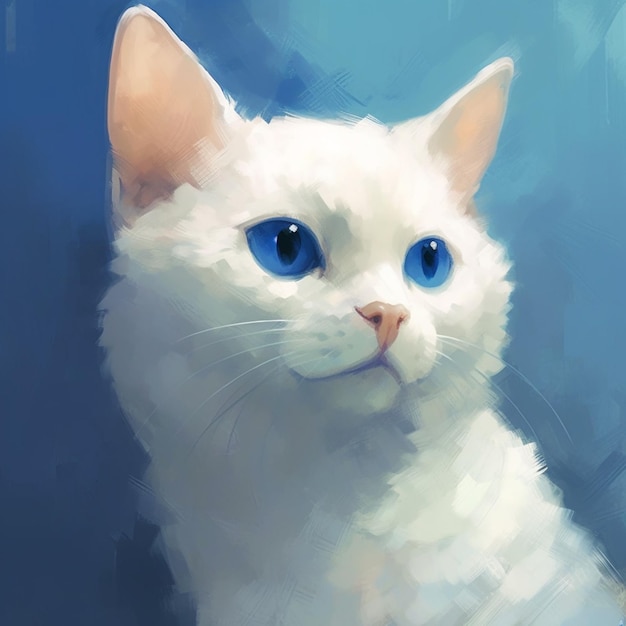 Painting of a white cat with blue eyes looking at the camera generative ai