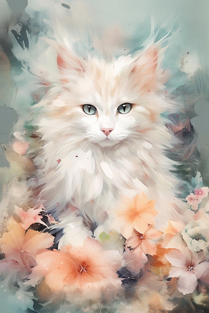 Картина белой кошки с голубыми глазами, сидящей в клумбе из цветов