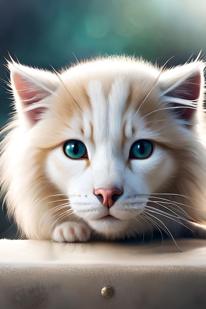 A painting of a white cat with blue eyes