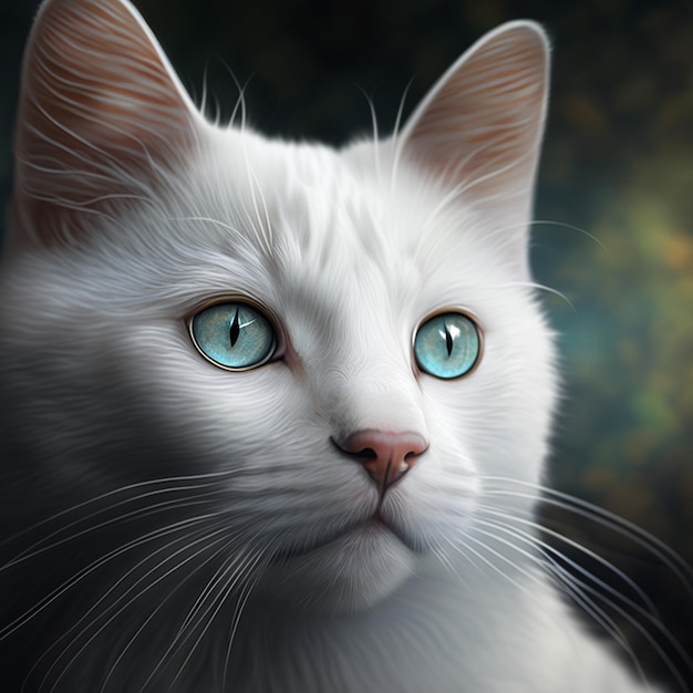 A painting of a white cat with blue eyes.