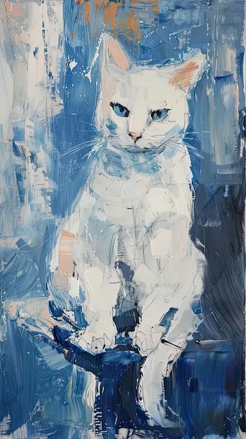 A painting of a white cat with blue eyes