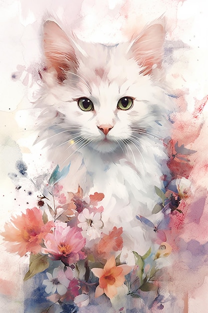 Painting of a white cat with green eyes and flowers generative ai