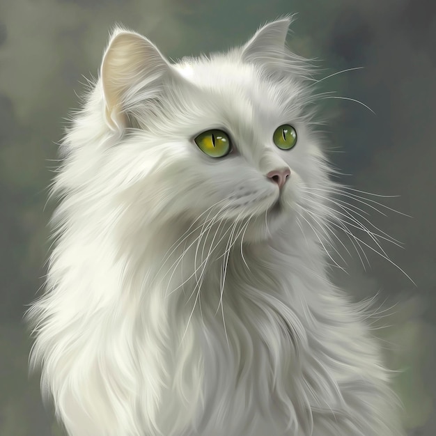 Painting of a white cat with green eyes looking up