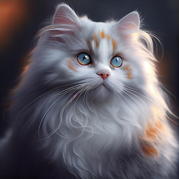 A painting of a white cat with orange and white markings.