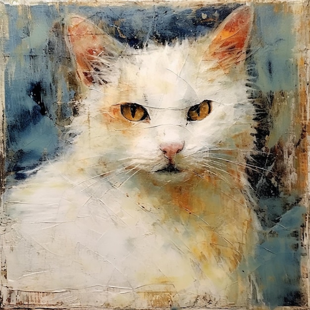 painting of a white cat with yellow eyes in a frame generative ai