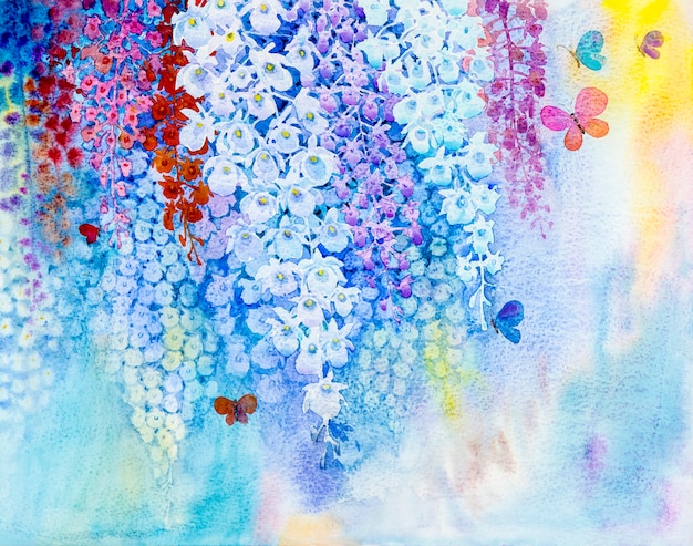 Photo painting white color of orchid flower and butterflies fly