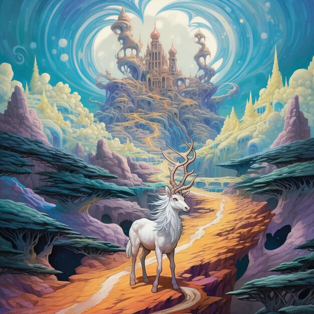 Painting of a white deer standing on a path in front of a castle generative ai