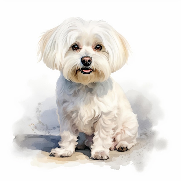 painting of a white dog sitting on the ground with a white background generative ai