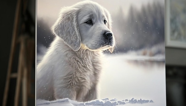 A painting of a white dog in the snow Ai generative