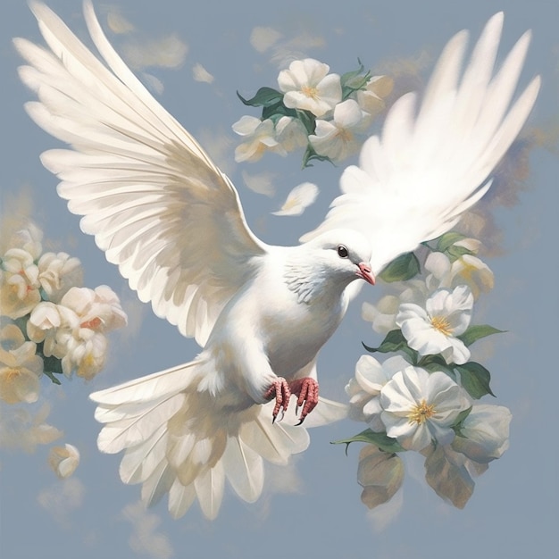 Картина белого голубя, летящего в воздухе с белыми цветами