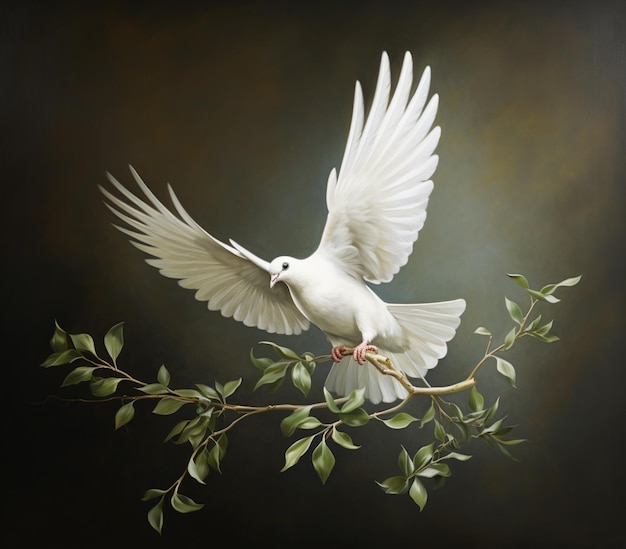 painting of a white dove flying over a branch with leaves generative ai