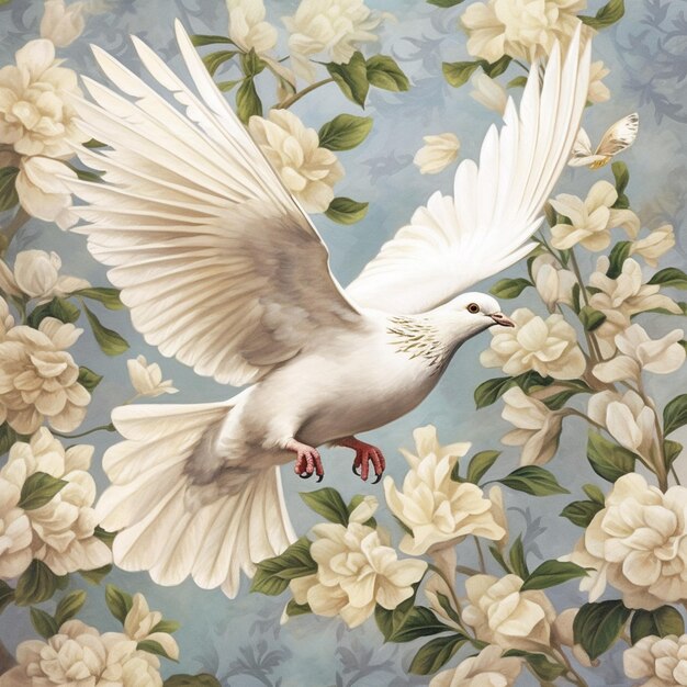 Painting of a white dove flying over a flowery field generative ai