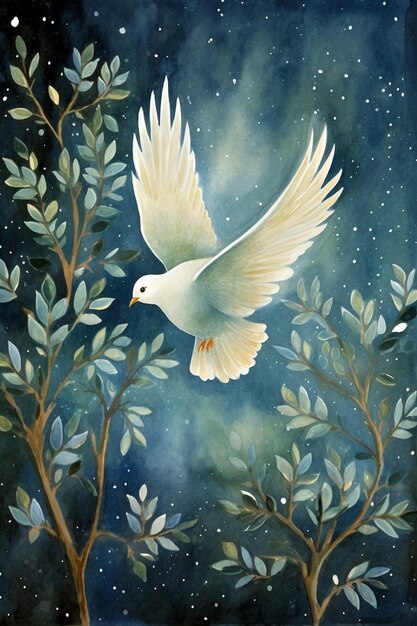 painting of a white dove flying over a tree with a blue sky in the background generative ai