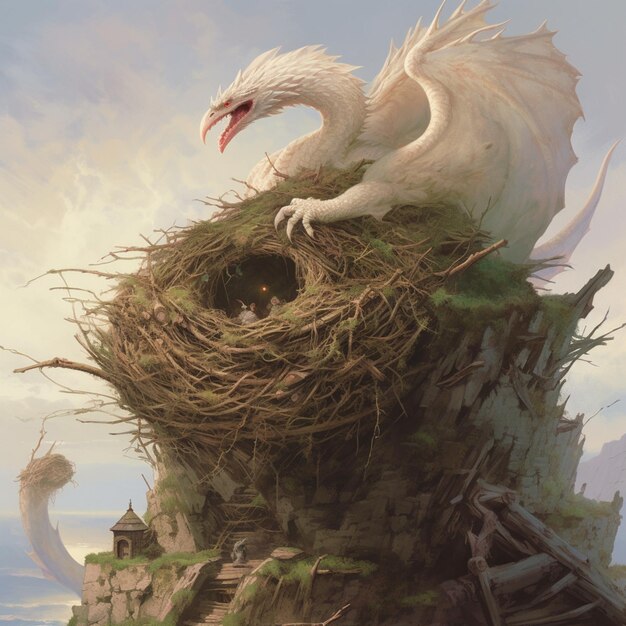 painting of a white dragon sitting on top of a nest generative ai