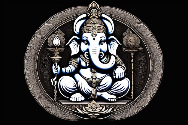 A painting of a white elephant with a gold lamp on it.