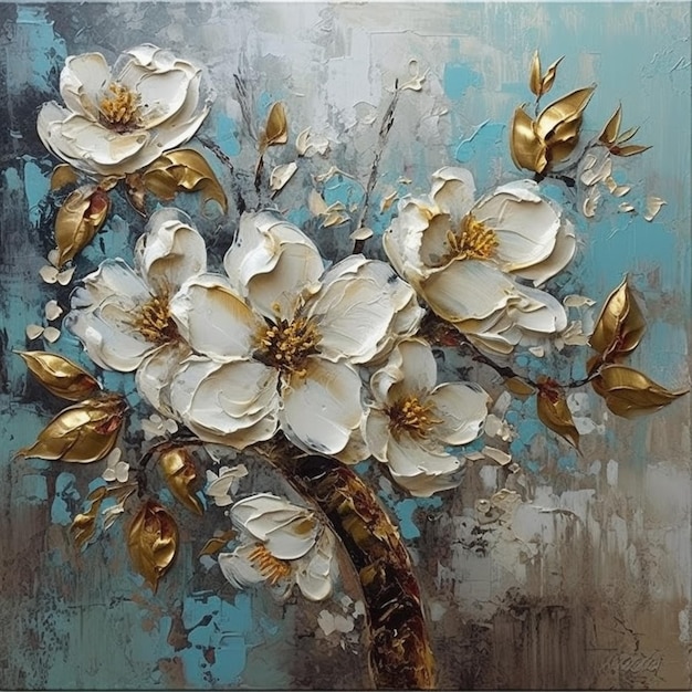 A painting of a white flower with gold leaves