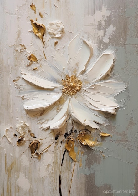 A painting of a white flower with gold leaves