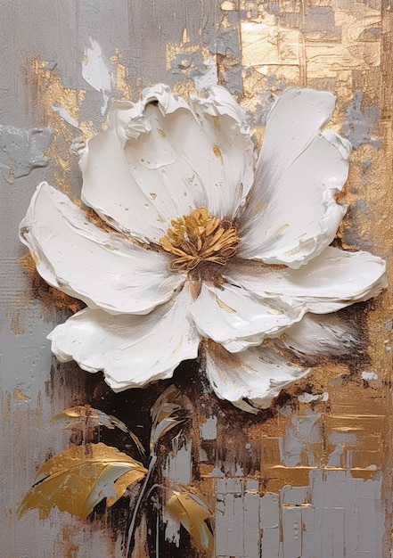 A painting of a white flower with gold paint and gold paint.