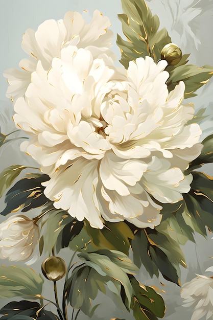 a painting of a white flower with green leaves Gouache Painting of a ForestGreen color flower
